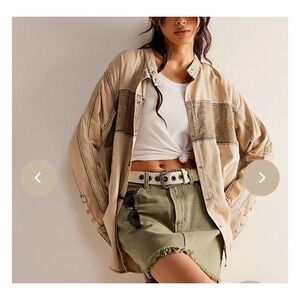 We The Free People Moto Colorblock Shirt Women's S -Sand Jam 1414 -Snap- Pockets